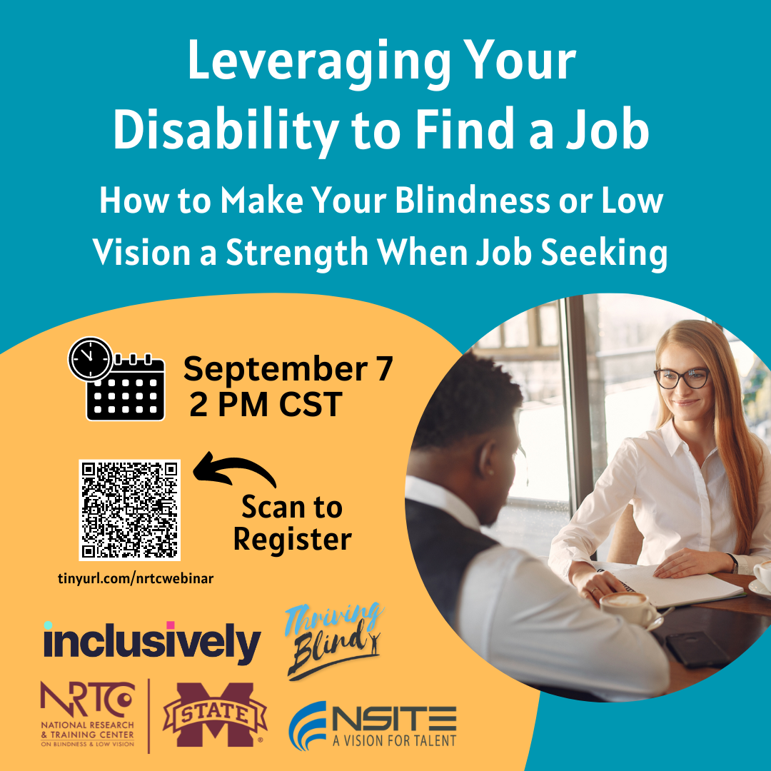 Graphic for Leveraging your disability to find a job webinar on Sept. 7th at 2 pm central time. Includes picture of an interview at a coffee shop