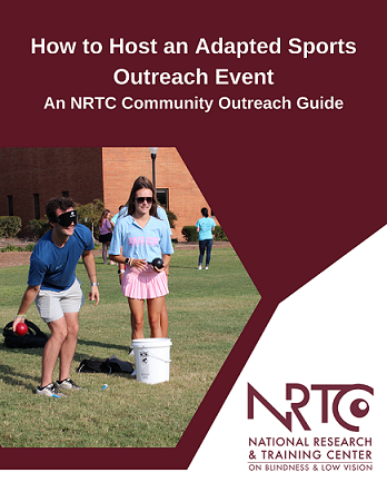 Cover of the adaptive sports guide. The cover has a maroon background, with the bottom right corner white to include the NRTC maroon logo. The top includes the title of the guide, and below in a hexagon frame is an image of two MSU students playing bocce ball.